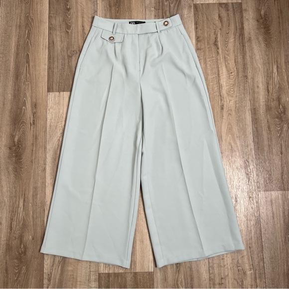 ZARA WOMAN MENSWEAR STYLE WIDE LEG PANTS GREEN / BLUE Pastel Size M - Picture 7 of 15